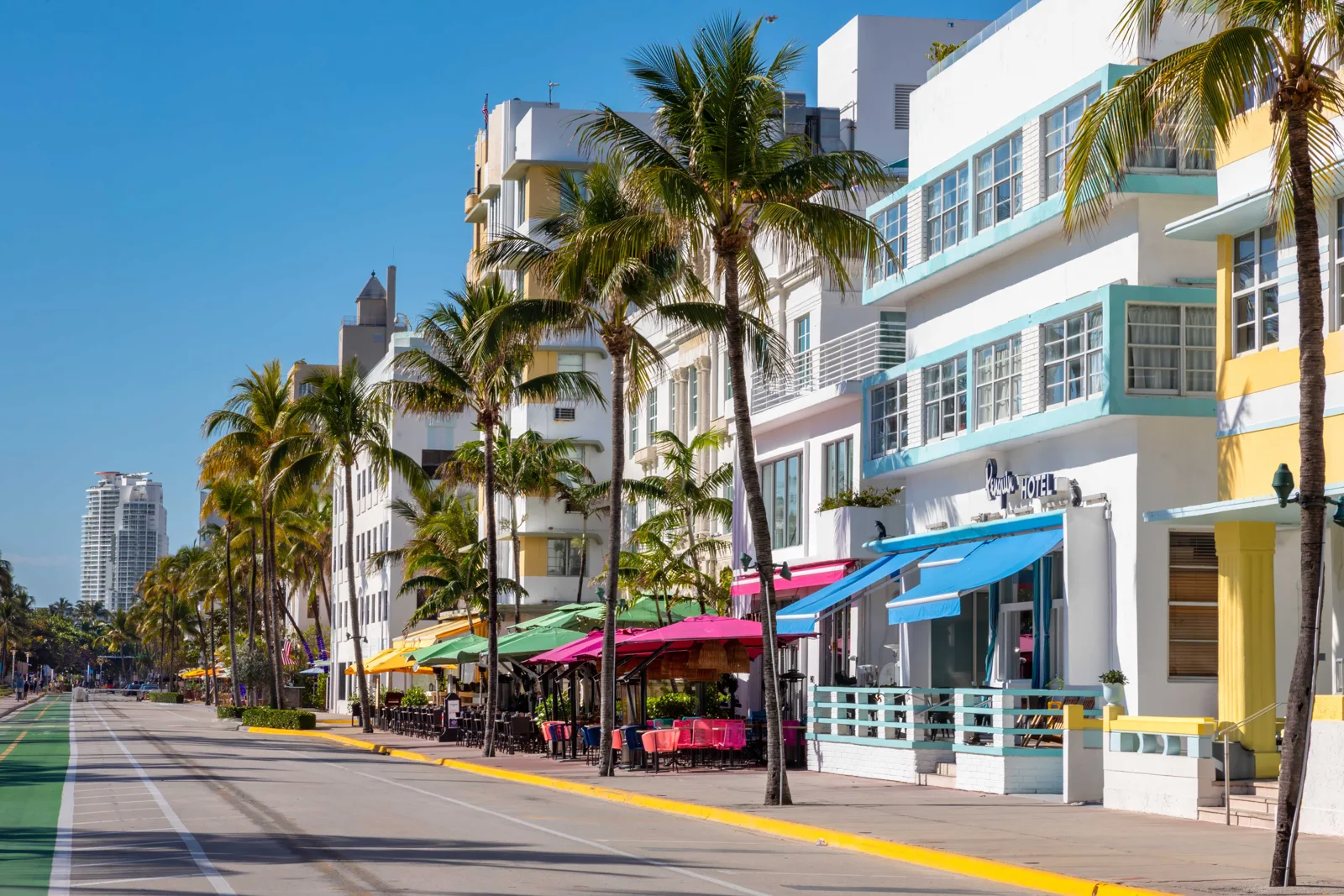 Palm trees and Art Deco hotel façades along Ocean Drive in Miami Beach, Florida