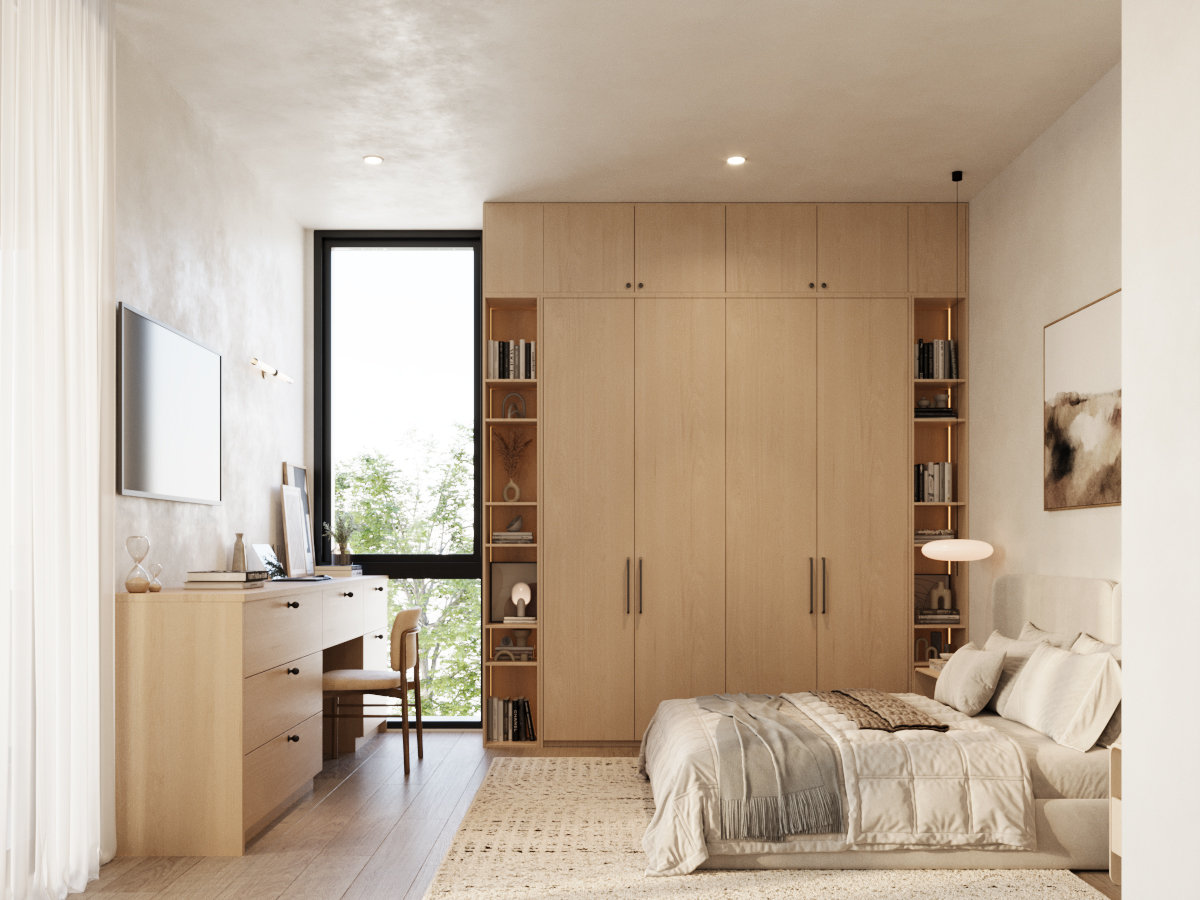 Casa Sera — Guest bedroom and desk — rendering