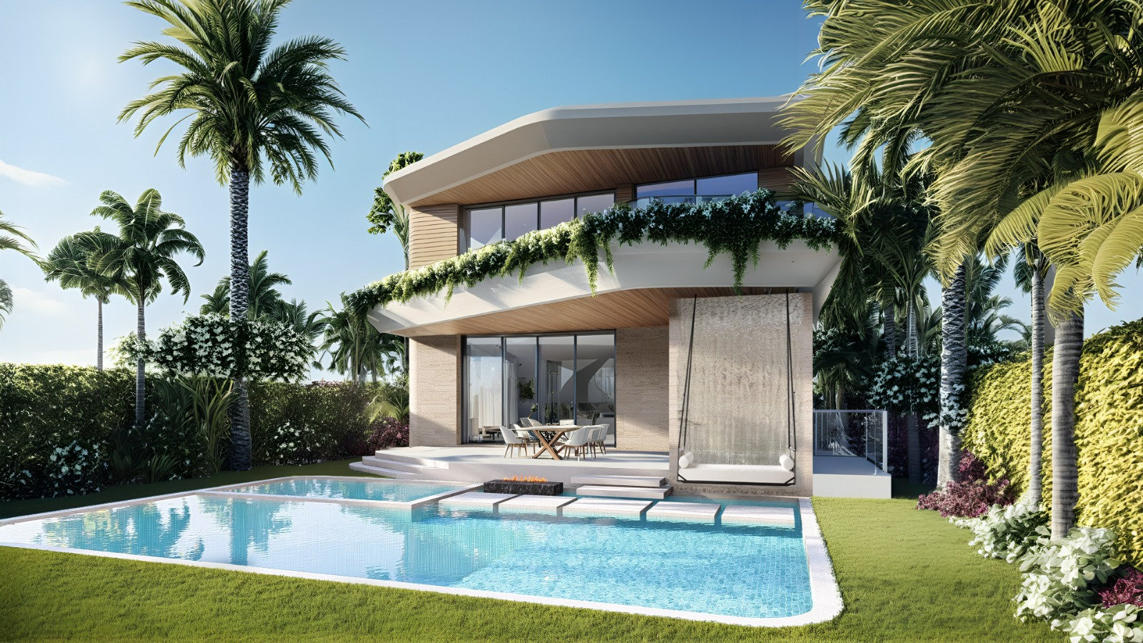 Casa Mirador — Pool and rear elevation — rendering
